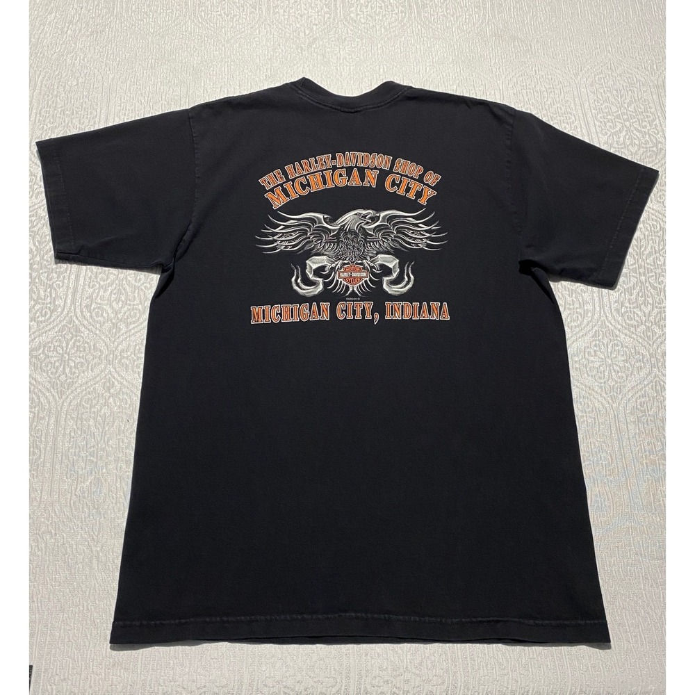 Vintage USA Harley‎ Davidson T-Shirt Mens XL Black Michigan City Indiana Eagle